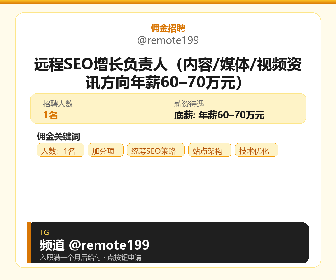 远程SEO增长负责人（内容/媒体/视频资讯方向年薪60–70万元）岗位配图